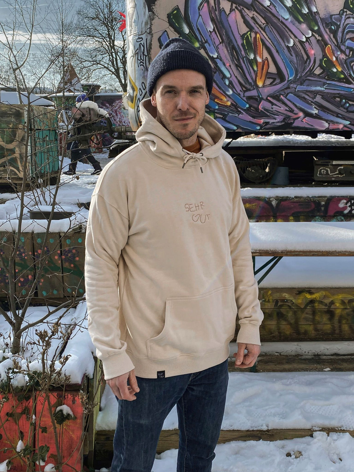 (alte kollektion) sehr guter oversize hoodie | rosa auf sand | bio baumwolle | unisex